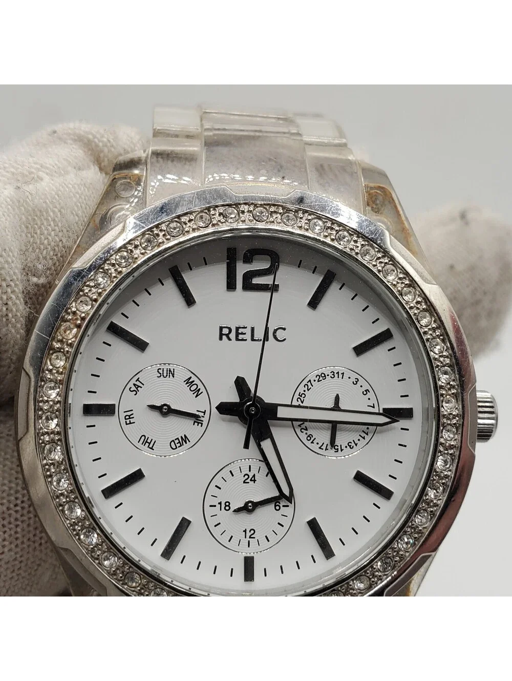 Relic Watch Women Silver Tone Multi Dial Pave Bezel Clear Band New Battery 37mm